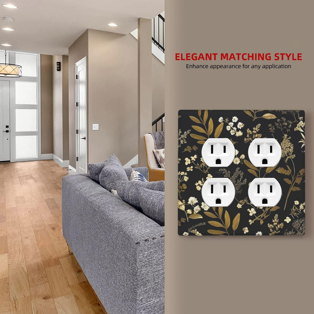 Black Gold Vintage Leaf Floral 2 Gang 2 Duplex Combination Light Switch Cover Decorative Combo Dual Device Receptacle Switch Face Wall Plate (Black Gold Vintage Leaf Floral / 2 Gang2 Duplex)