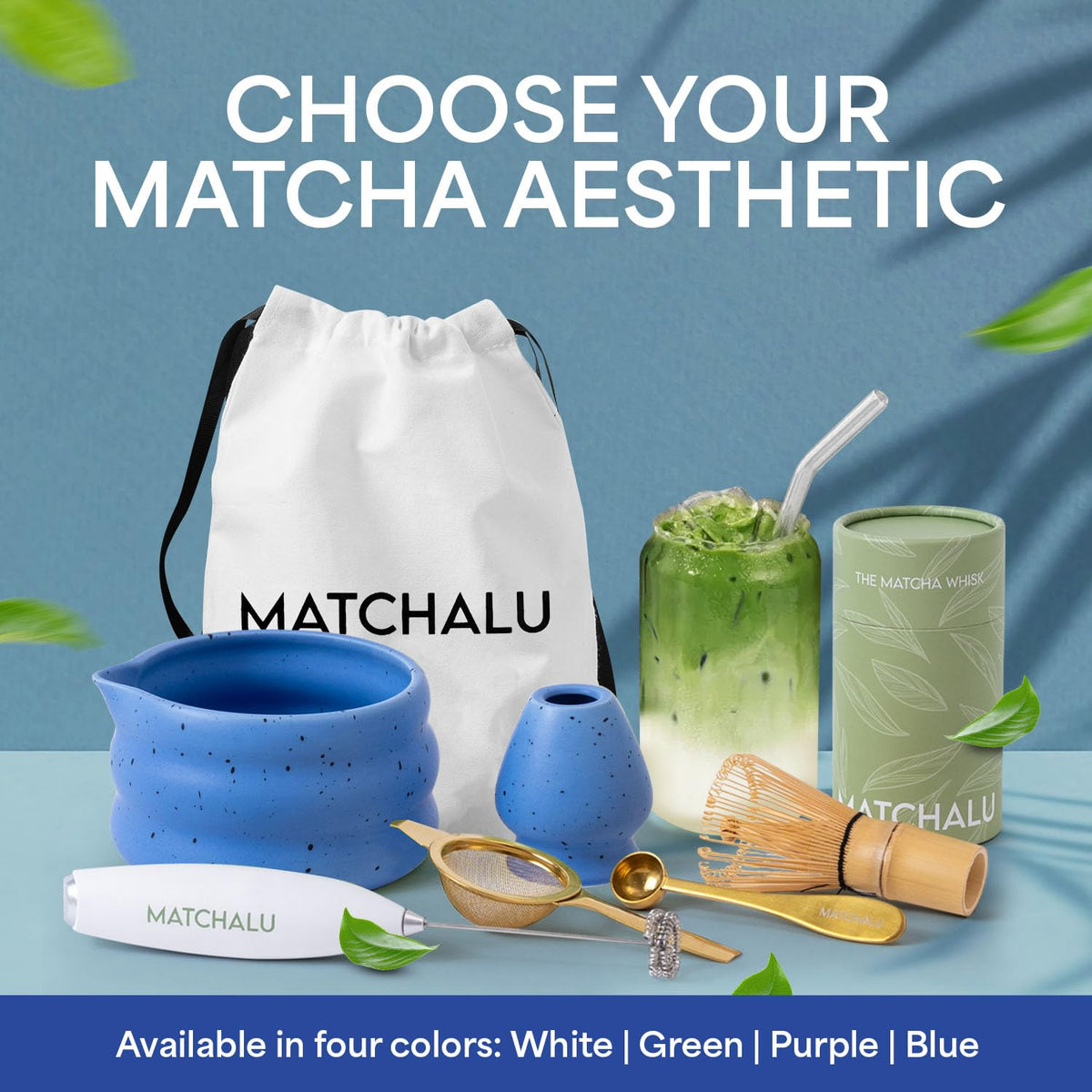 Matcha Whisk Set With Ceramic Matcha Bowl (Blue)