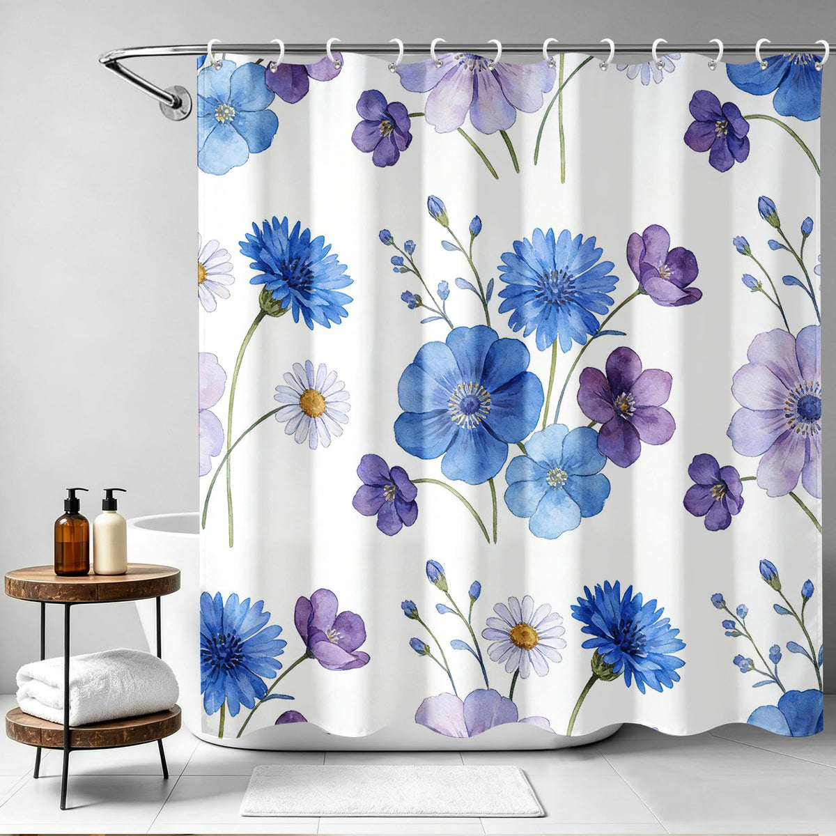Watercolor Blue Purple Floral Shower Curtain Wildflowers Daisy Lavender Botanical Boho Modern Spring Nature Aesthetics Bathroom Decor Bathtub Curtain Fabric Shower Curtain Set with 12 Hooks (Blue Purple - Floral / 72"W x 72"L (Pack of 1))