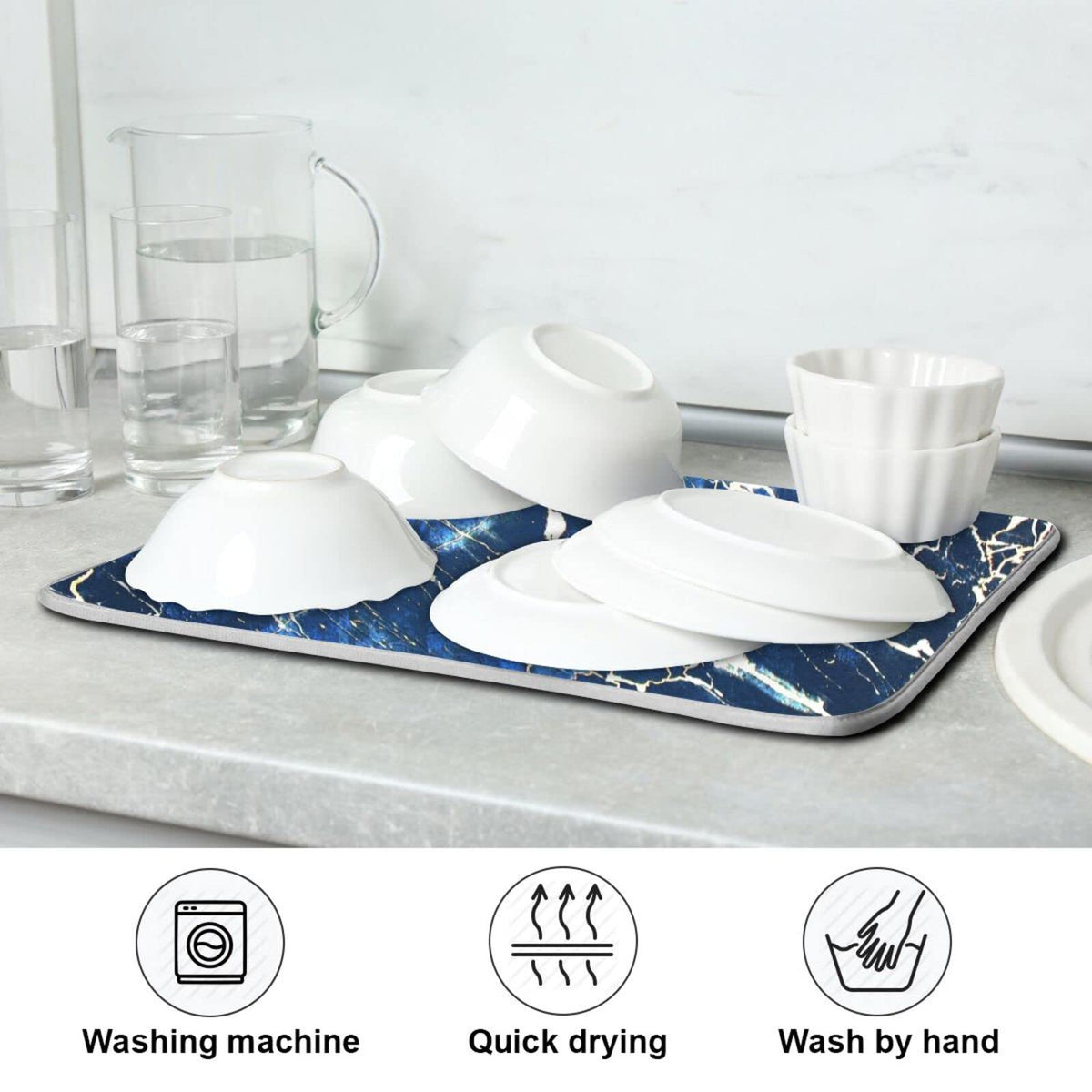 Super Absorbent Dish Drying Mat (Marble Black Navy Blue / 18" x 24")
