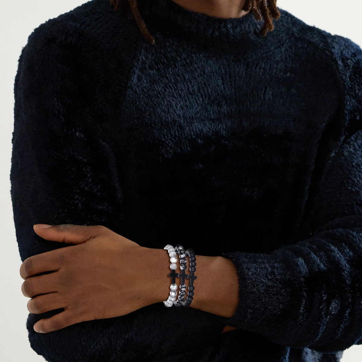 Cross Bracelet For Men 8MM Mens Beaded Bracelet Set Stretch Cross Beads For Bracelets Gifts (black)