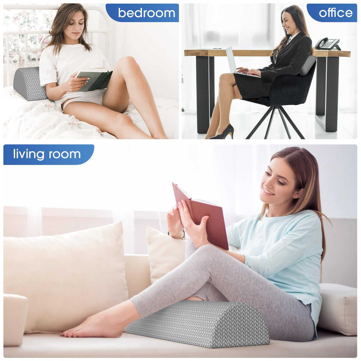Knee Pillow for Back Sleeping Memory Foam Half Moon Bolster Pillow for Legs (Grey / Large)