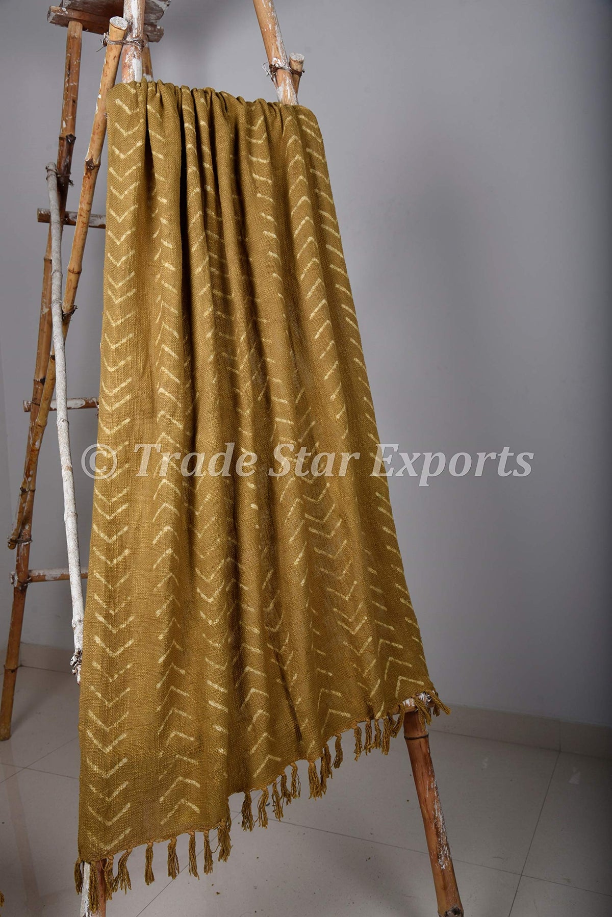 Hand Dyed Mudcloth Throw Blanket 100% Cotton Bed Blanket Hand Block Printed Fringed Sofa Throw Boho Decor House Warming Gift (Olive Green / Phoenix (120 x 170 Cms))
