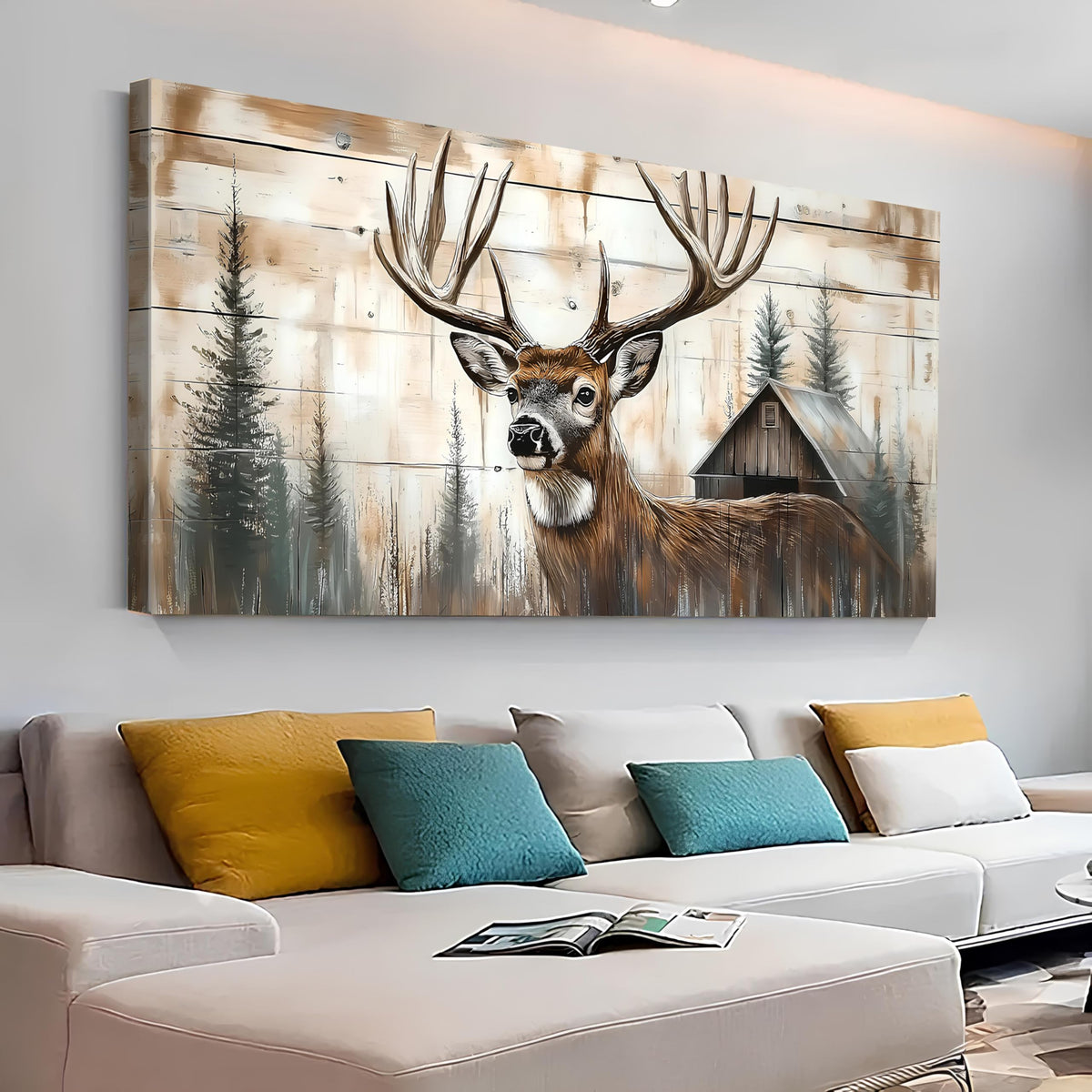 Farmhouse Deer Canvas Wall Art Rustic Deer Wall Decor Barn Picture for Kitchen Dining Room Home Decorations Wildlife Painting Vintage Tree Forest Poster Prints Woodland Animal Prints Artwork 30x60” (60"L x 30"W / DEER)