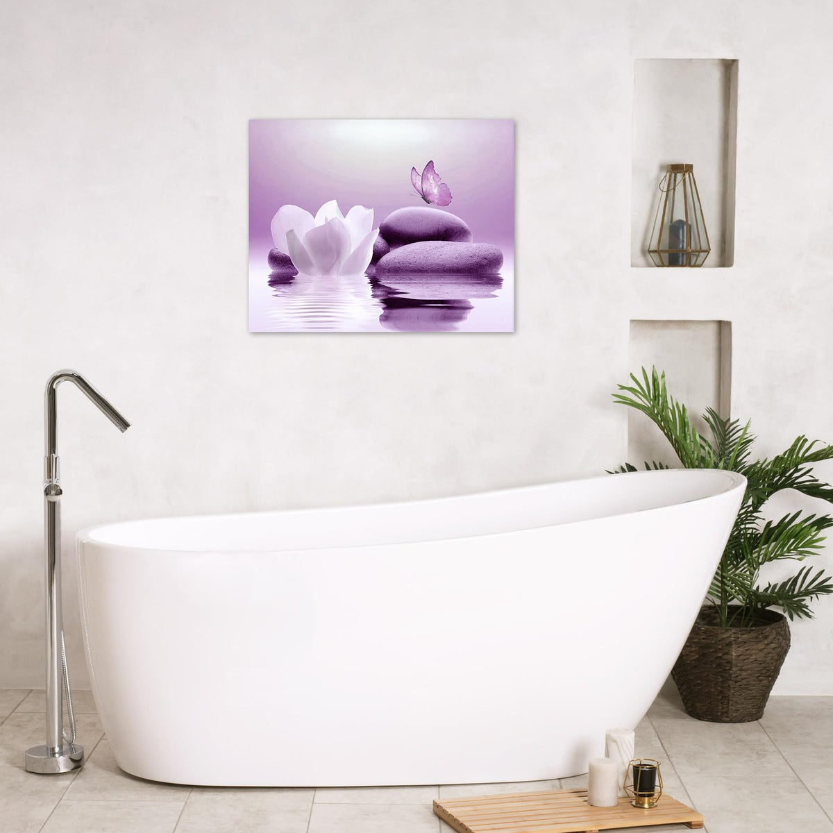Zen Water Lily Canvas Wall Art White Floral and Purple Butterfly on Stone Bedroom Wall Decor Modern Spiritual Yoga Spa Painting Picture Artwork Bathroom Decor 20x16 Inches (16"L x 20"W / Purple)