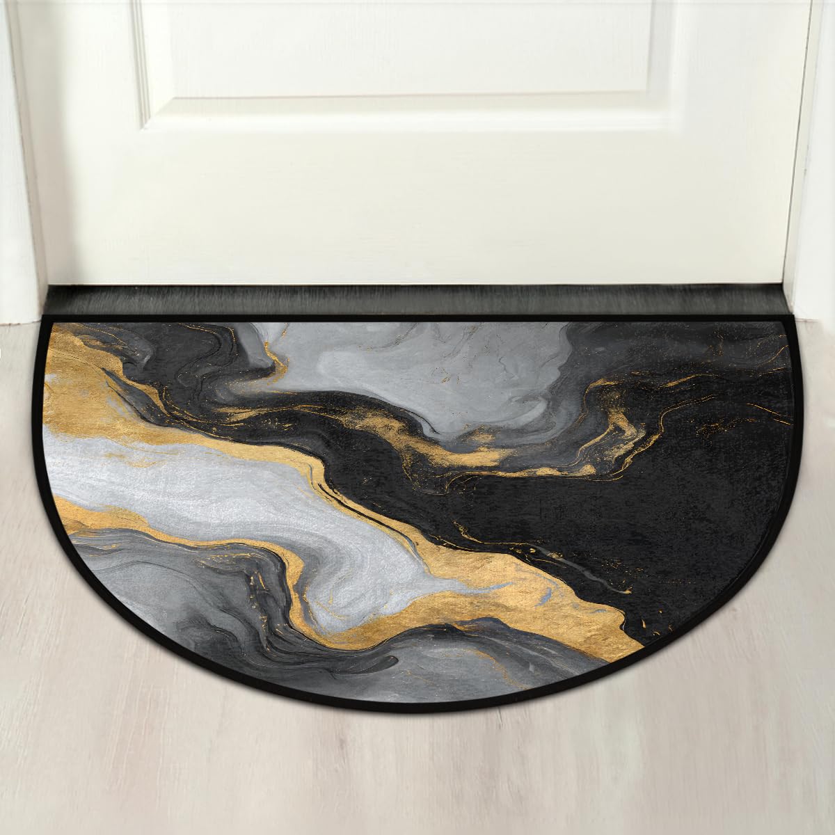 Marble Black Gold Half Round Door Mat Non Slip Washable Semi Circle Area Rug Absorbent Soft Half Moon Rug Floor Mat for Indoor Outdoor Kitchen Bathroom Patio Front Door Mat Decor (A9)