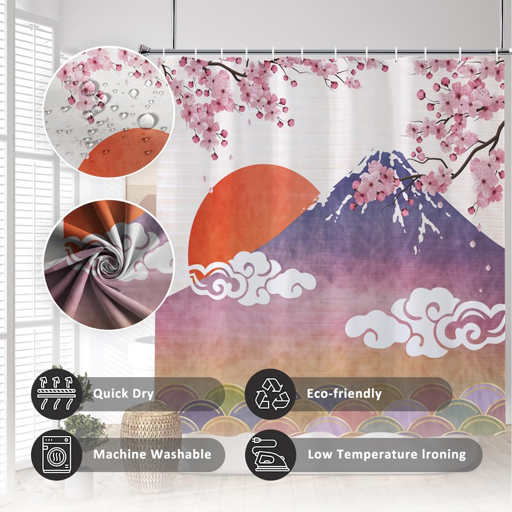 Japanese Cherry Blossom Shower Curtain Set for Bathroom Asia Cherry Blossom Shower Curtain Sun Clouds Pink Purple Fuji Mountain Sea Ocean Wave Spring Floral Flowers Waterproof Fabric (72"W x 96"L (Pack of 1) / Pink Purple)