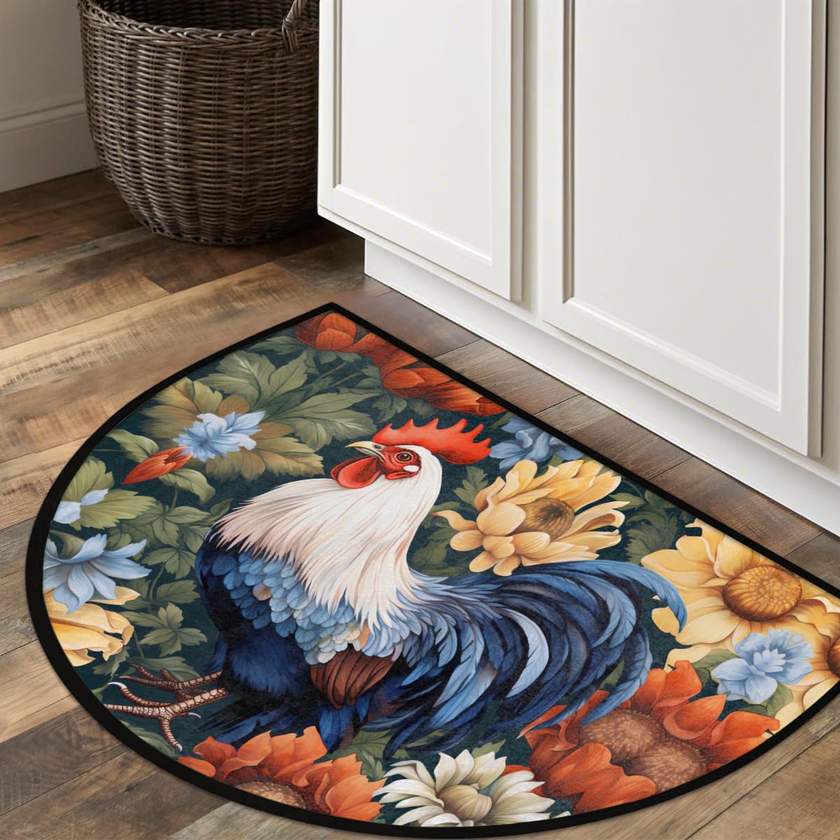Animals Rooster Sunflowers Half Round Door Mat Outdoor Entrance Large 24"x36" Half Circle Welcome Entrance Way Mat Semi Circular Front Door Mat Area Rug for Garage (C 05)
