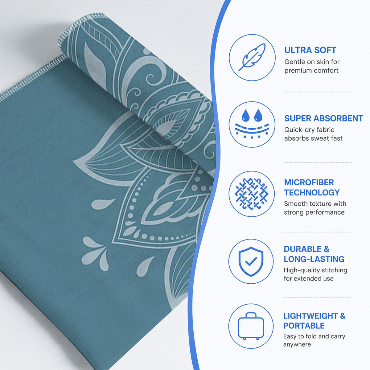 Yoga Mat Towel (Blue Flower-01 / Large)