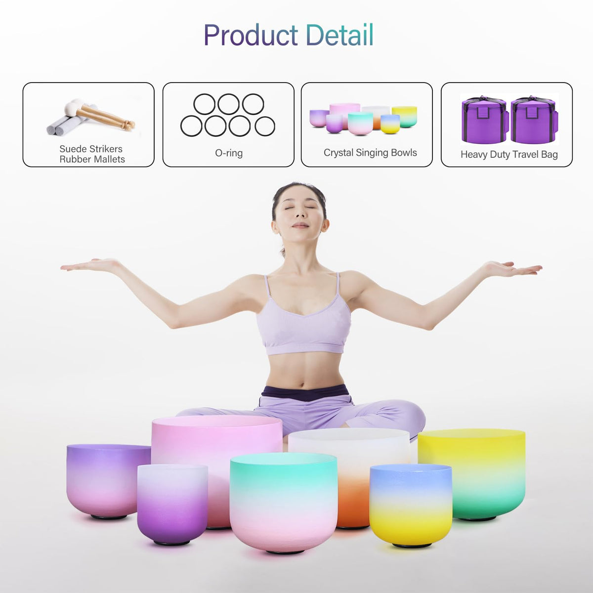 Crystal Singing bowl Set of 7 for Sound Healing Colorful 6" (Colored)