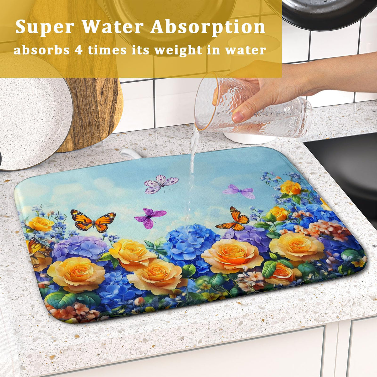 Spring Blue Yellow Hydrangeas Flowers Dish Drying Mat for Kitchen Counter (Hydrangeas Flowers / 16" x 18")