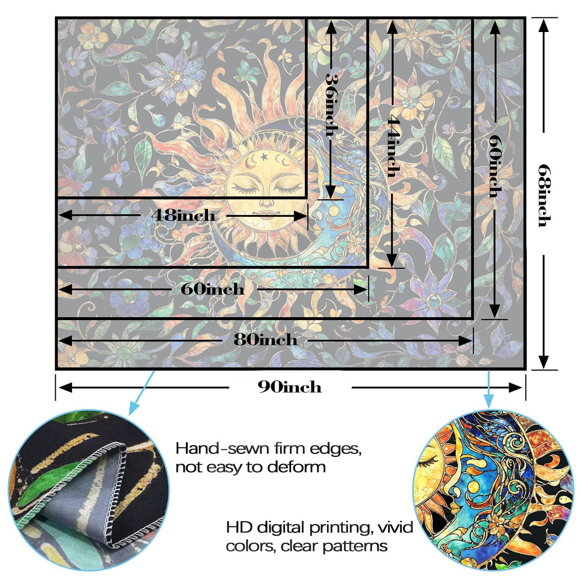 Sun and Moon Tapestry for Bedroom Boho Hippie Floral Wall Tapestry Aesthetic Vintage Stained Glass Plant Small Tapestries Wall Hanging for Living Room Dorm 48 x 36 Inch (Stained Glass Orange / 48"L x 36"W)
