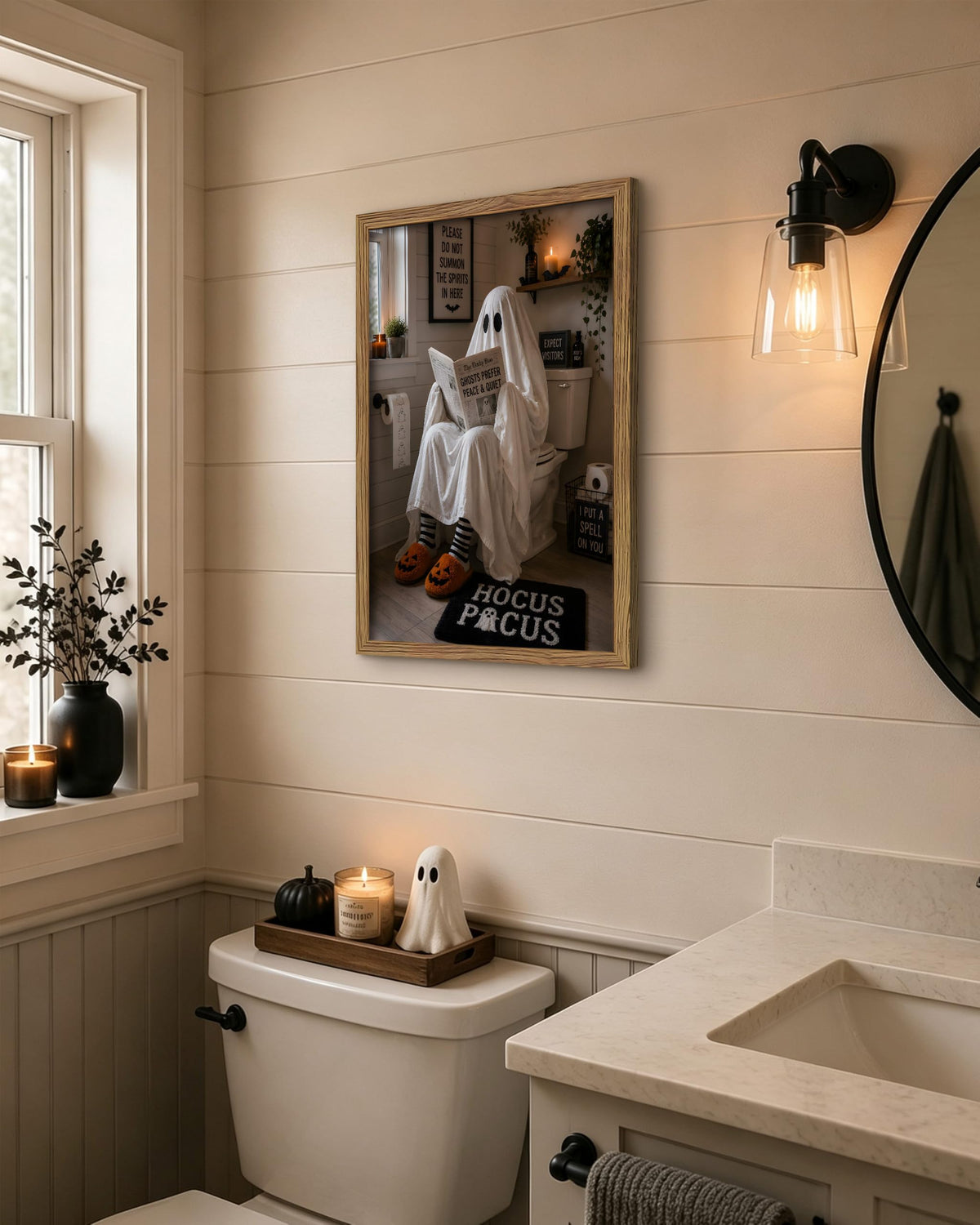 Framed Funny Halloween Bathroom Wall Art (A-White Ghost / 24"L x 16"W)