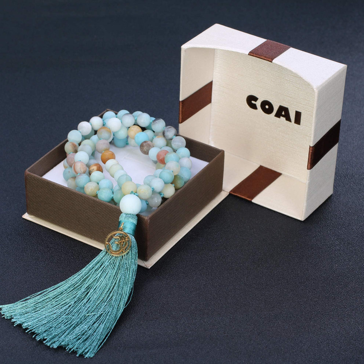 OM Charm Hand Knotted Tassel Faceted Amazonite Stone 108 Mala Beads Necklace 6mm (6mm / Matte Amazonite)