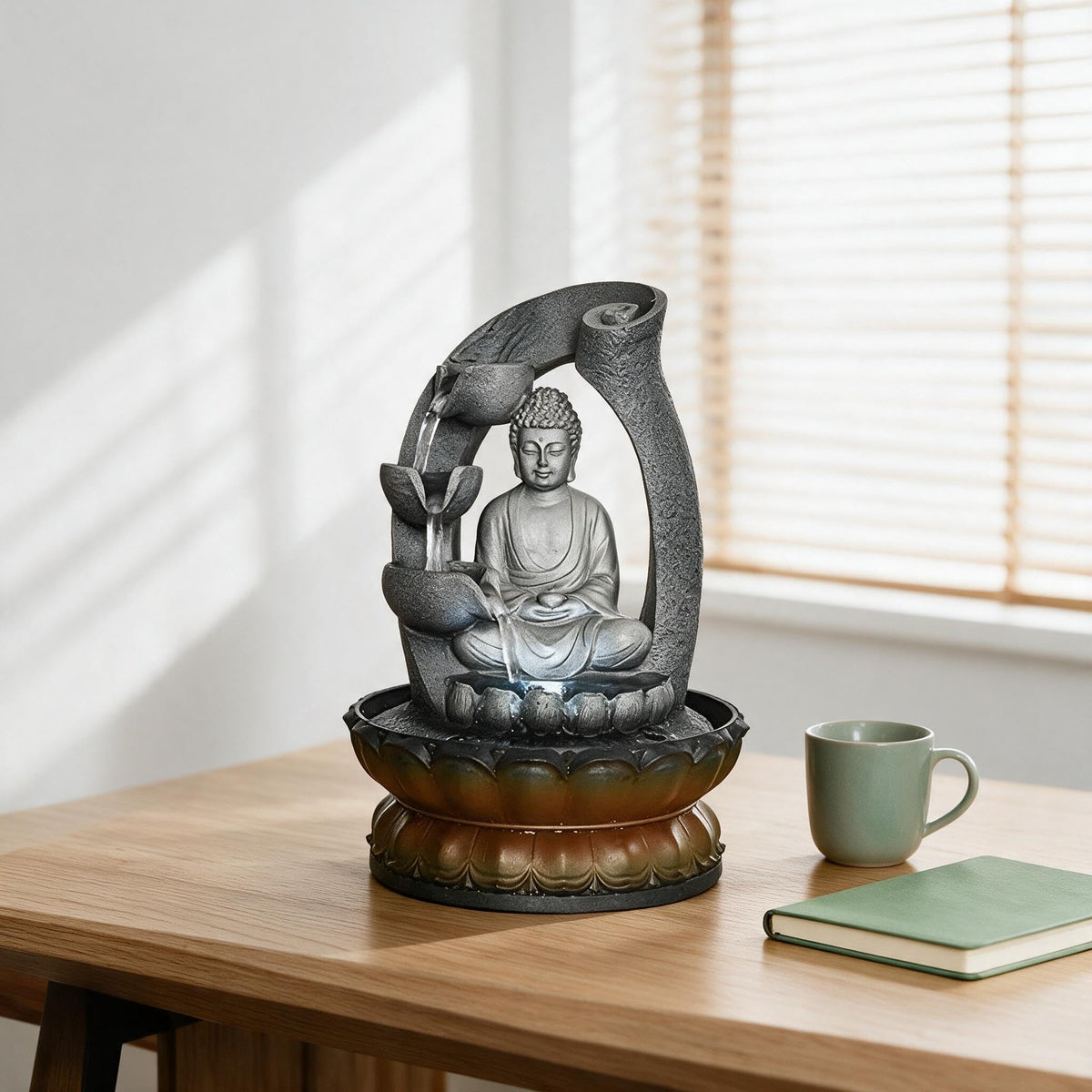 Buddha Tabletop Waterfall Fountain Meditation Relaxing Indoor Decoration (Grey 2)