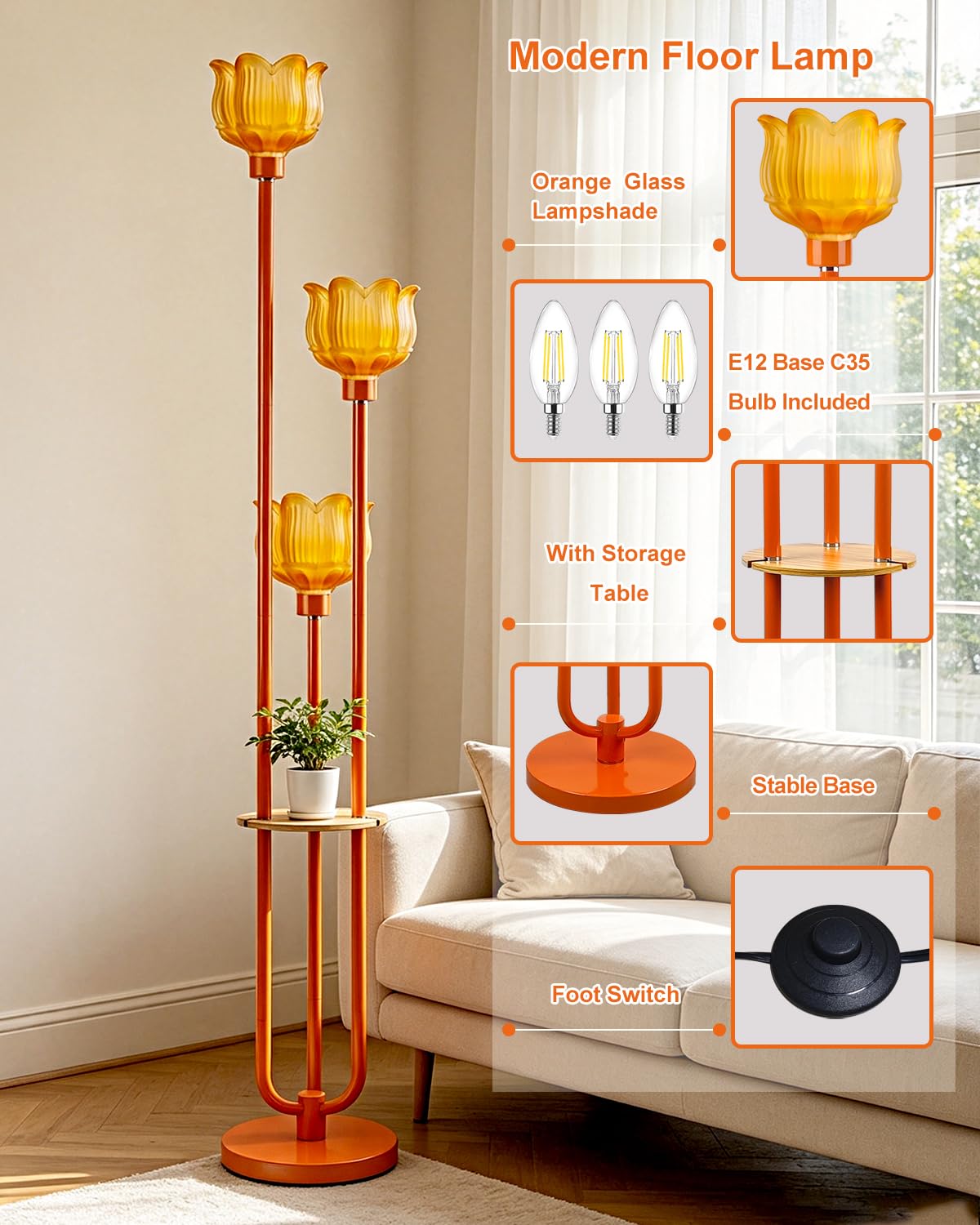 Orange Floor Lamp with Yellow Glass Shade (Orange-3UB1)