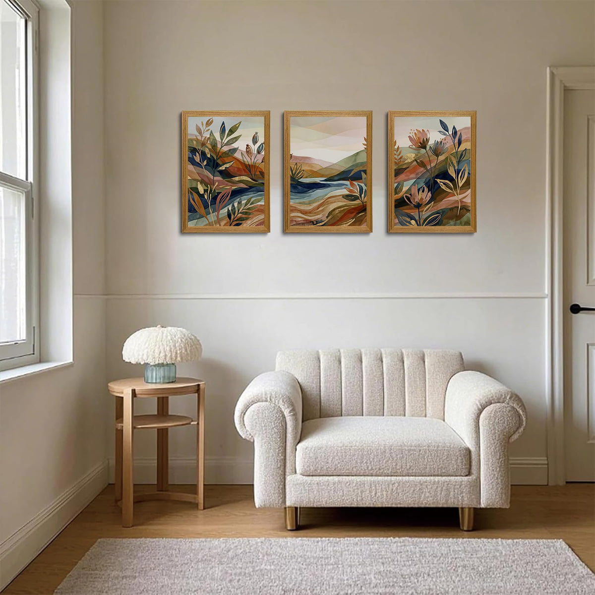 Abstract Landscape Framed Wall Art Set of 3 (Boho mountain floral / 16"L x 12"W)
