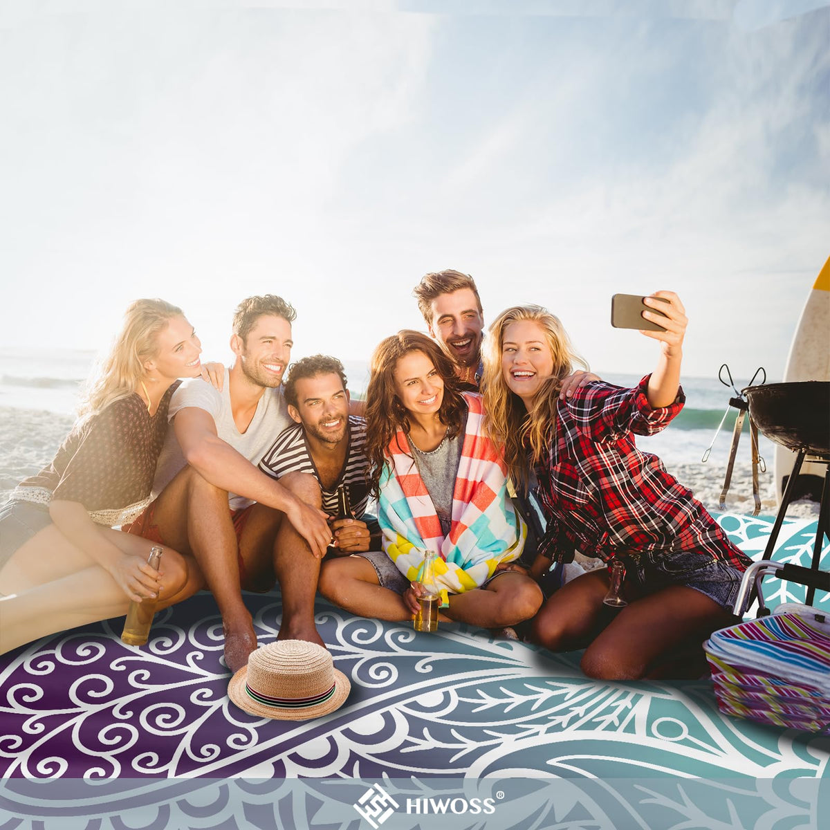 Beach Blanket Waterproof Sandproof Oversized 95”x 80” (Ombre Purple Blue)