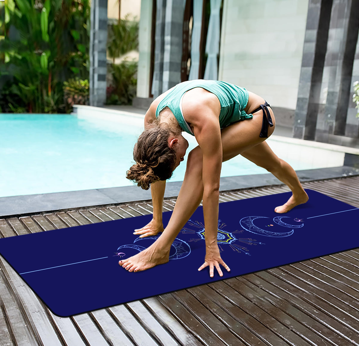 Yoga Mat Print Extra Thick TPE Non Slip Fitness Exercise Mat with Carrying Bag (Blue)