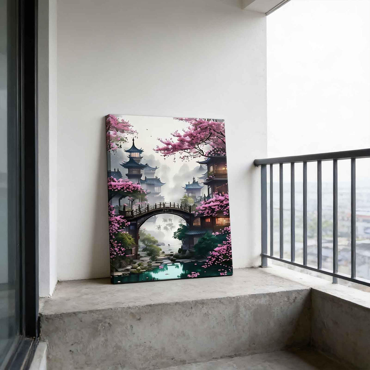 Eastern Zen Cherry Blossom Canvas Wall Art Japanese Ancient Architecture Decor Painting Picture Tokyo Anime Scene Posters Prints for Living room Hotel Bedroom Study Home Decoration (Japan / 24"L x 16"W)