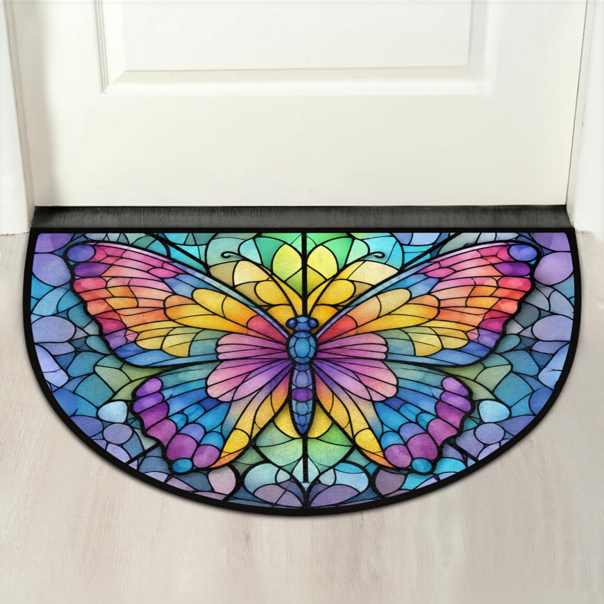 Colorful Stained Glass Butterfly Half Round Door Mat Indoor Entrance Low Pile Non Slip Absorbent Semi Circle Welcome Mats Doormats 36x24 in Floor Mats for Home Kitchen (Colorful Stained Glass Butterfly)