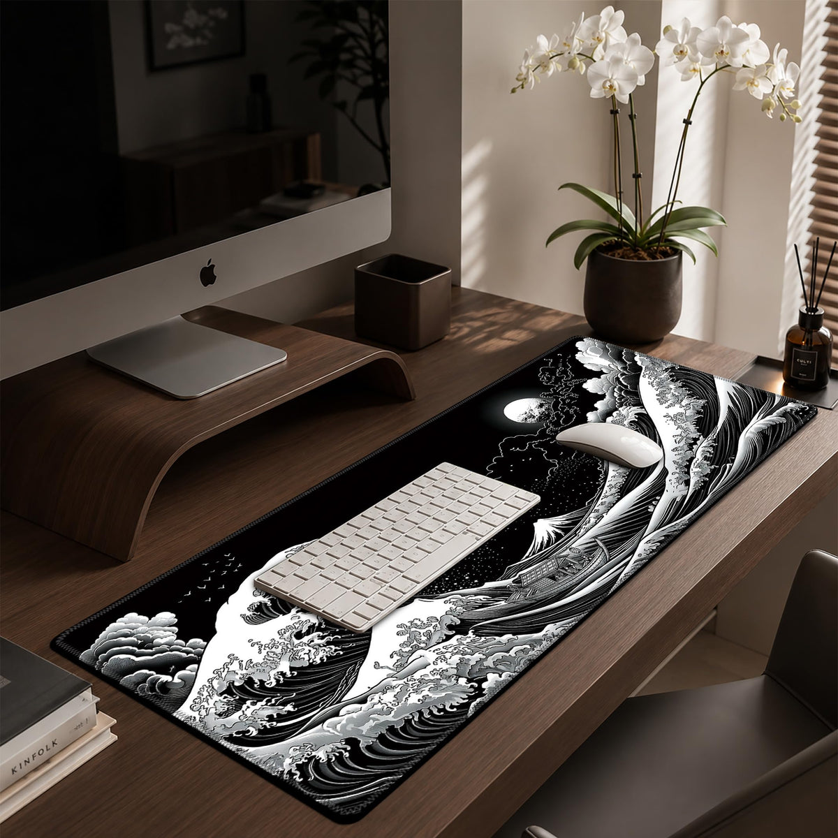 Black White Japanese Large Gaming Mouse Pad Desk Mat Extended Mousepad (Black and white waves / 35.4"x15.7")