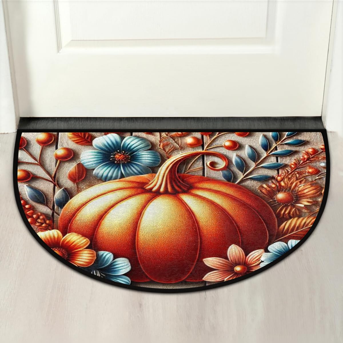 Half Round Doormat Fall Autumn Pumpkin Flower Washable Semi Circle Rug Non Slip Absorbent Half Moon Rug Kitchen Floor Mat for Indoor Outdoor Bathroom Patio Front Welcome Fireplace Hearth (A01:fall Pumpkins)