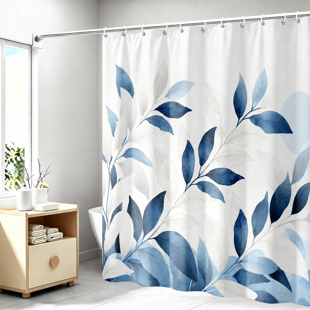 Watercolor Blue White Leaves Shower Curtain Botanical Indigo Sky Blue Vines Minimalist Boho Modern Nature Aesthetics Bathroom Decor Bathtub Curtain Fabric Shower Curtain Set with 12 Hooks (Blue White - Leaf / 72"W x 72"L (Pack of 1))