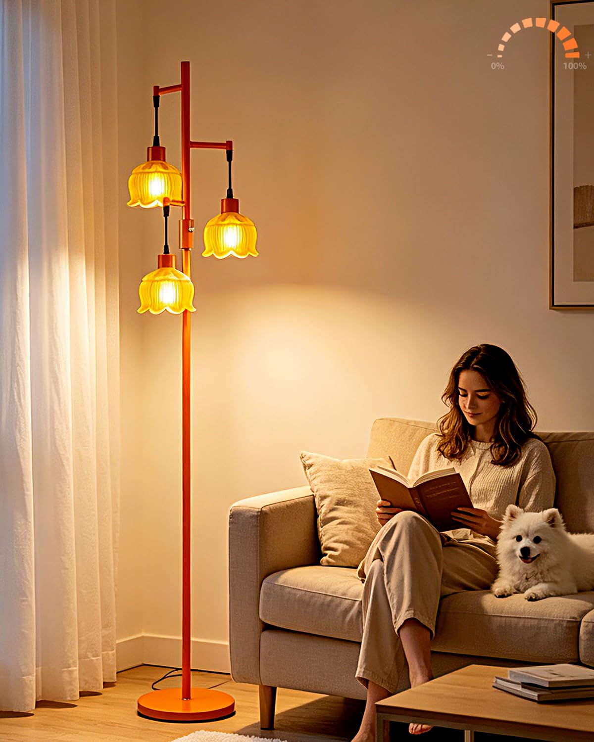 3 Light Lotus Floor Lamp 65'' Dimmable with Orange Glass Shade & E12 Bulbs Included (3 Orange Cloche Hat-Orange)