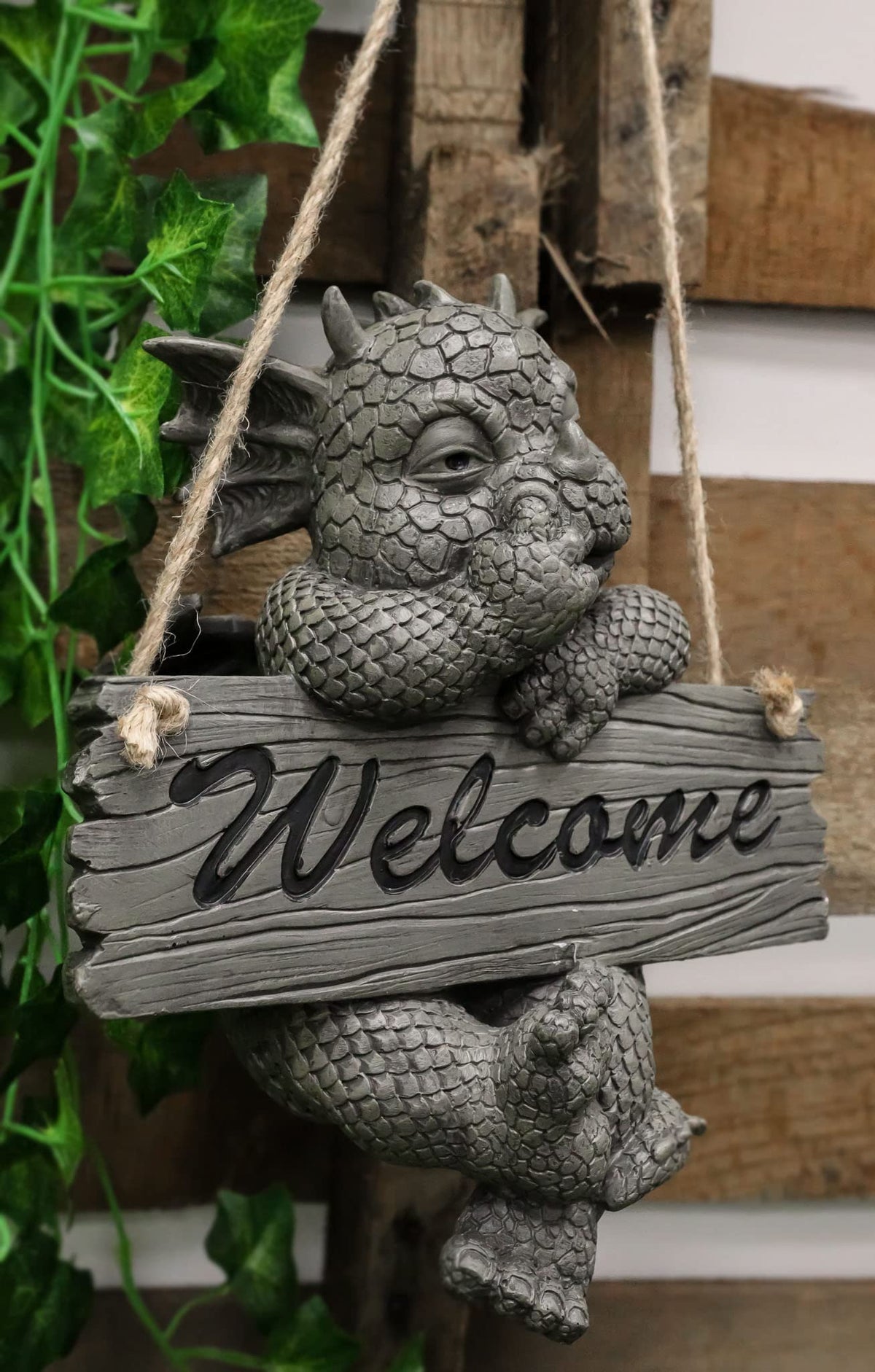 Ebros Whimsical Jute Strings Hanging Welcome Garden Dragon Picking Nose Statue Cute Wyrmling Figurine Dungeons and Dragons Mythical Fantasy Sculpture Guest Greeter Tree Branch Hanger Patio Decor (Rope Hanging Welcome Dragon)