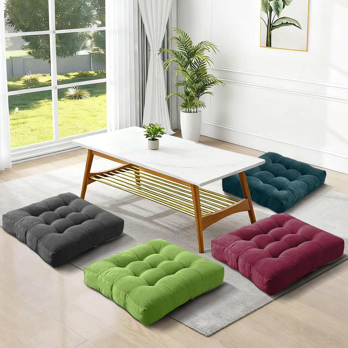 Floor Cushion Pillow Set of 2 Large Round and Square Floor Pillows for Adults Meditation Cushion Pillow Tufted Corduroy Cushions for Living Room Outdoor Yoga Tatami Fireplace (Green)