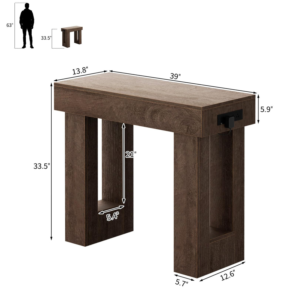 39" Entry Table with Sensor Light & AC Outlets with USB (Rustic Oak / 39IN)