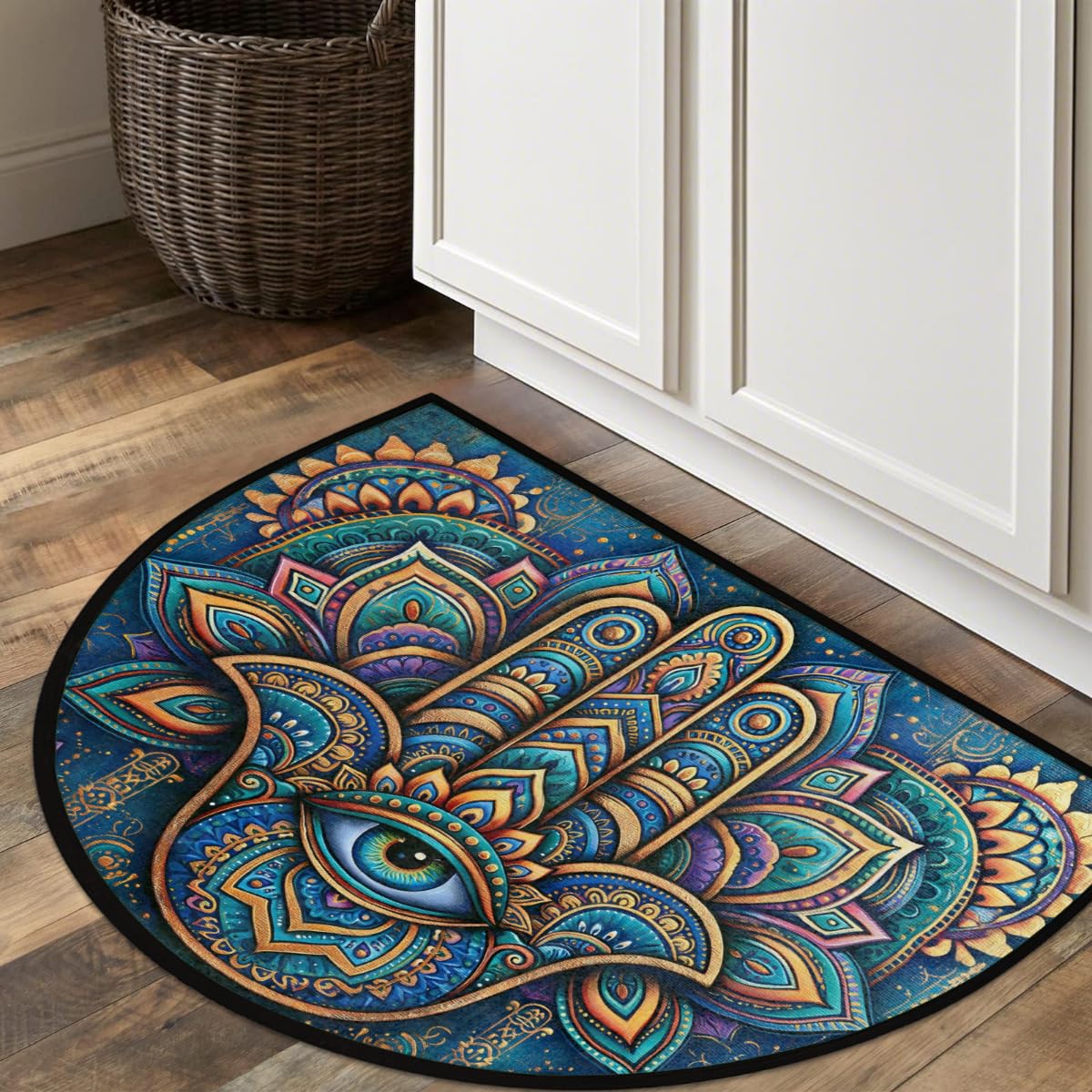 Hamsa Half Round Doormat Semi Circle Rug Non Slip Half Moon Rug (D01:boho 05)
