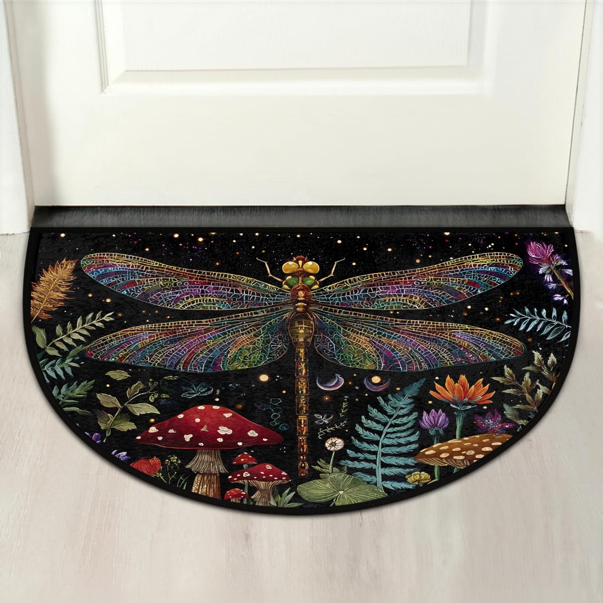 Boho Dragonfly Mushroom Flower Ferns Half Round Door Mat Indoor Entrance Low Pile Non Slip Absorbent Semi Circle Welcome Mats Doormats 36x24 in Floor Mats for Home Kitchen (Boho Dragonfly Mushroom Flower Ferns)