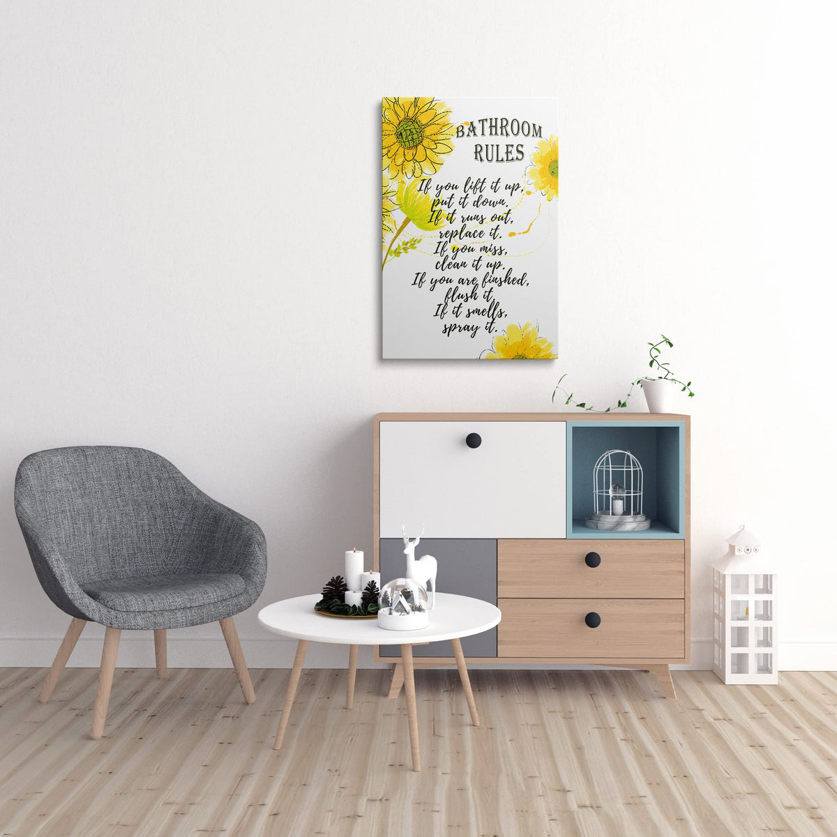 Framed Bathroom Rules Canvas Wall Art Yellow Floral Bath Decor 16x24 Inches (Bathroom Rules / 24"L x 16"W)