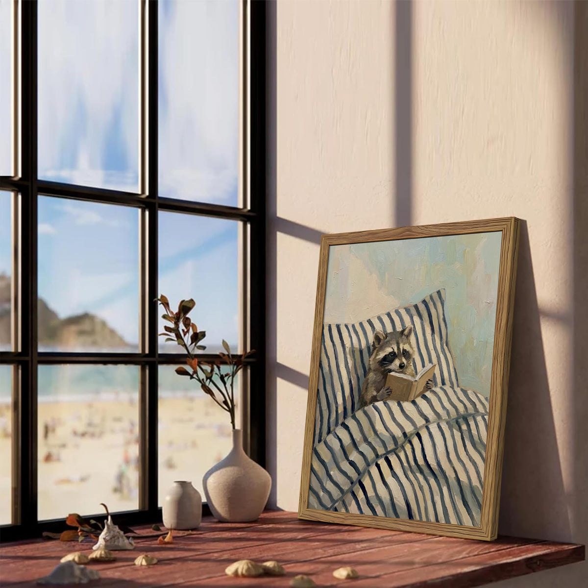 Funny Raccoon Reading Wall Art (Raccoon Lies In Bed Reading A Book / 16"L x 12"W)