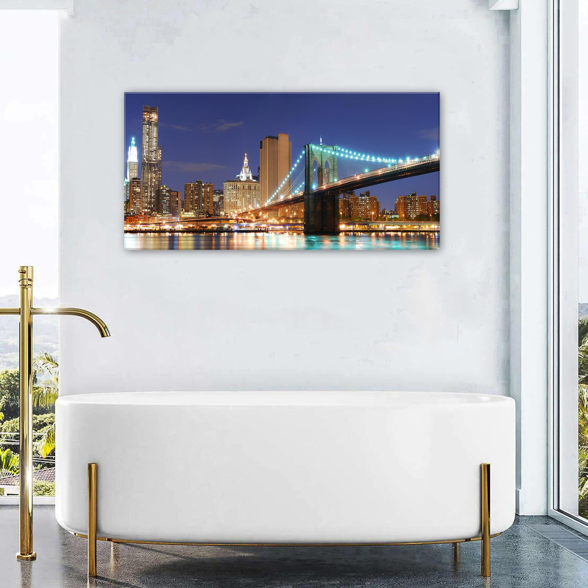 New York Wall Art USA NYC Night View Pictures Canvas Prints Brooklyn Bridge Panoramic Artwork Modern Urban Downtown Cityscape Painting City Building Poster for Bedroom Living Room Decoration 24x48" (48"L x 24"W / Brooklyn Bridge)