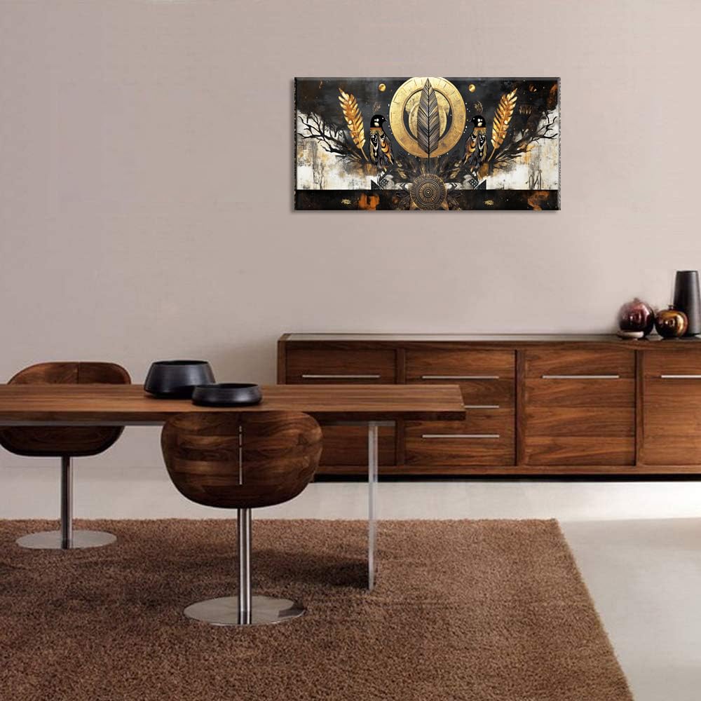 Gold Black Two Symmetrically Ravens Wall Art for Living Room Office Mystical Symbolic African Tribal Painting Prints Abstract Canvas Artwork Dining Bedroom Decor (Abstract / Gold Black Two Ravens Wall Art / 40"L x 20"W)
