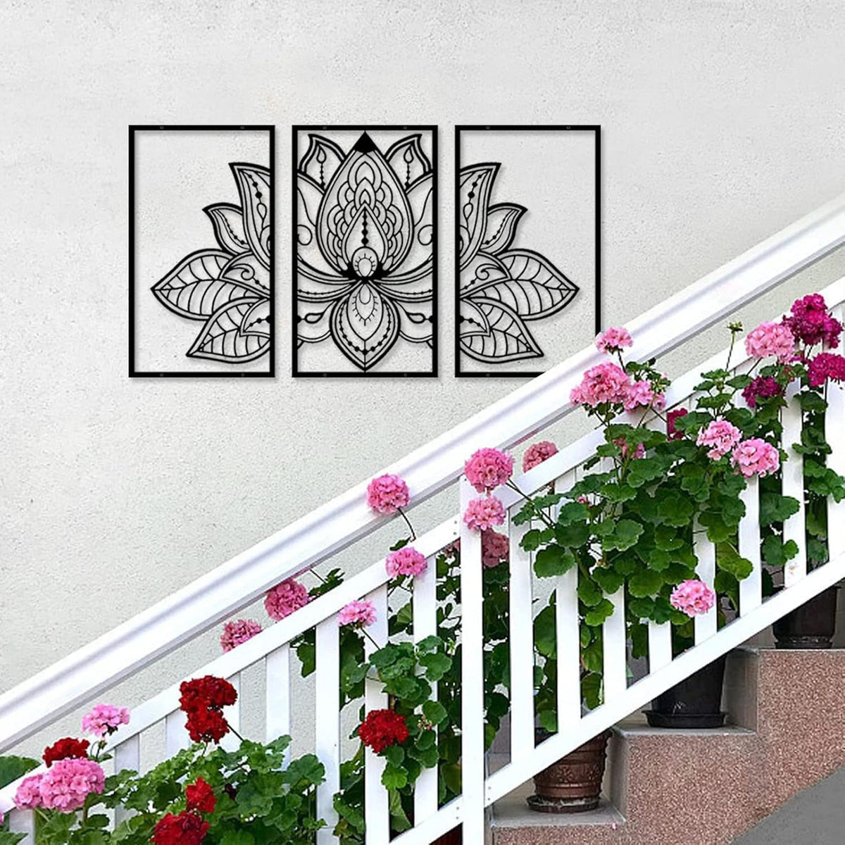3Pcs Black Lotus Mandala Metal Flower Wall Decor (43L" x 22W" / Black)