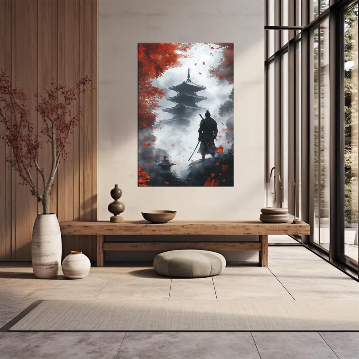 Autumn Maple Samurai & Pagoda Canvas Wall Art (24"L x 36"W / Samurai11)