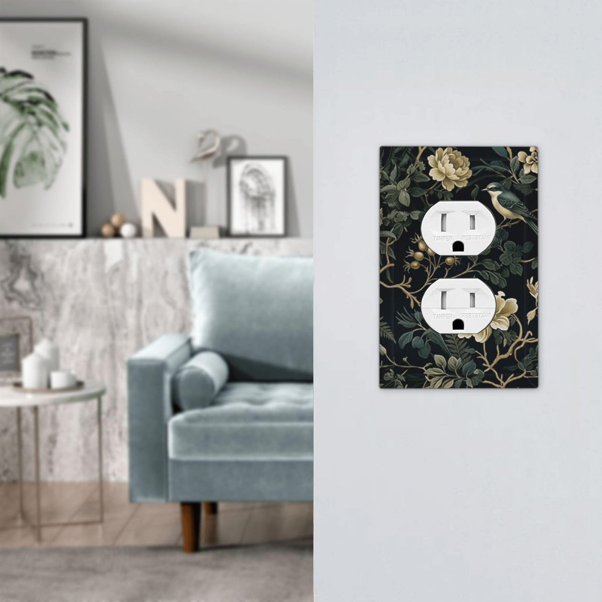 Decorative Boho Floral Bird Leaf 1 Gang Receptacle Outlet Cover (Spring Black Boho Floral Leaf / 1-Gang Duplex Mid)