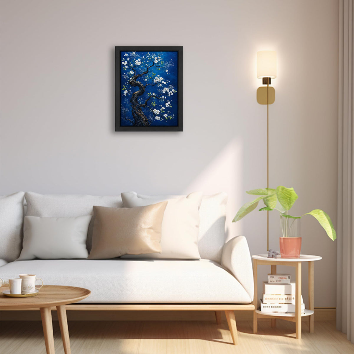 White Blue Blossom Tree Decor Wall Art (Wall Art Framed 56 / 24"L x 16"W)