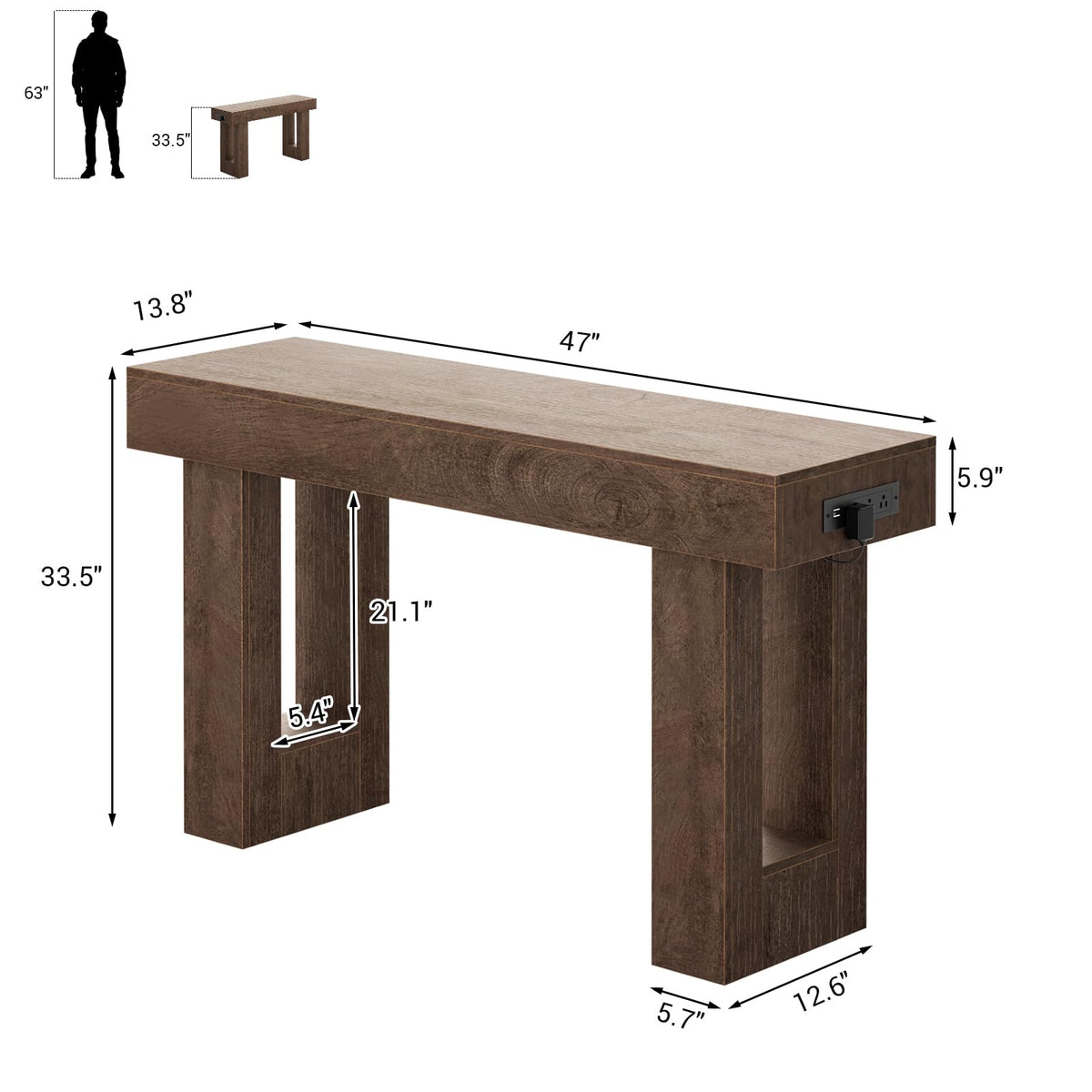 47" Entryway Table with Sensor Light & AC Outlets with USB (Rustic Oak / 47IN)