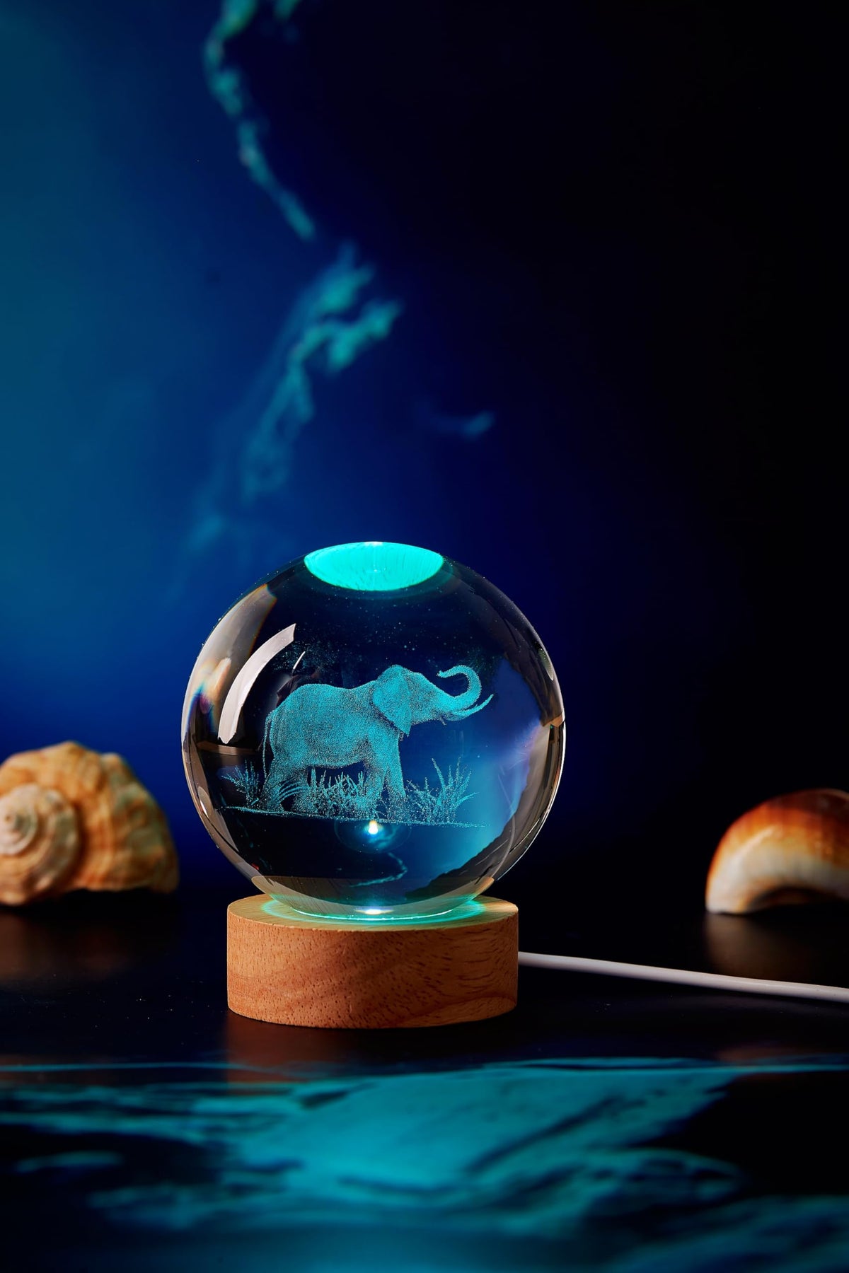 Large Elephant Crystal Ball Night Light with Woodern Base (elephant2)