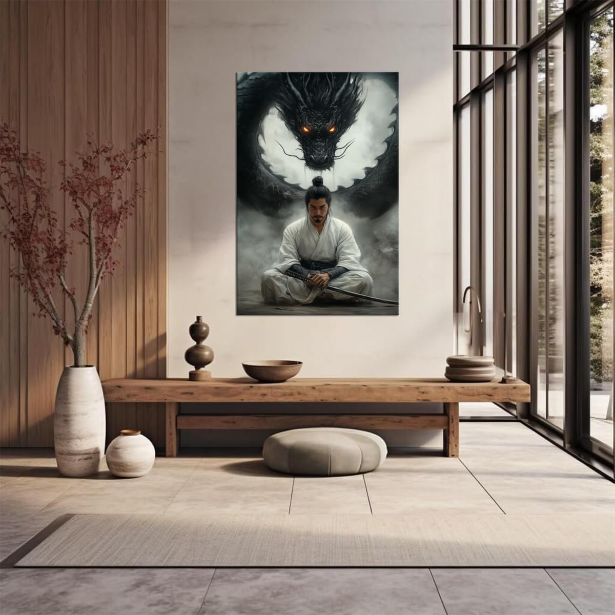 White Robe Samurai & Black Dragon Canvas Wall Art (24"L x 36"W / Samurai5)