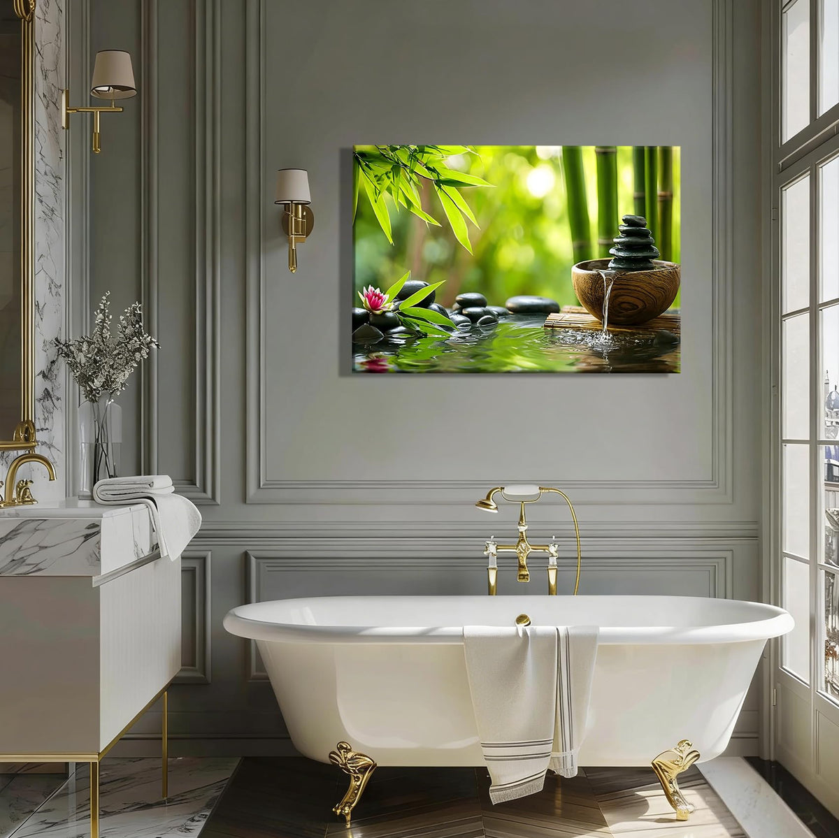Serene Bamboo Wall Decor with Flowing Water and Stacked Stones (Pictures11 / 18"L x 12"W)