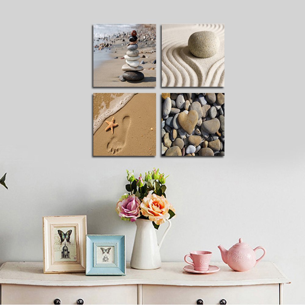 Romantic Beach Theme 4 Piece Modern Giclee Artwork Sea Beach Ocean Canvas Prints Contemporary Abstract Seascape Pictures Paintings on Canvas Wall Art for Bedroom Home Decorations (12x12inchx4pcs (30x30cmx4pcs))
