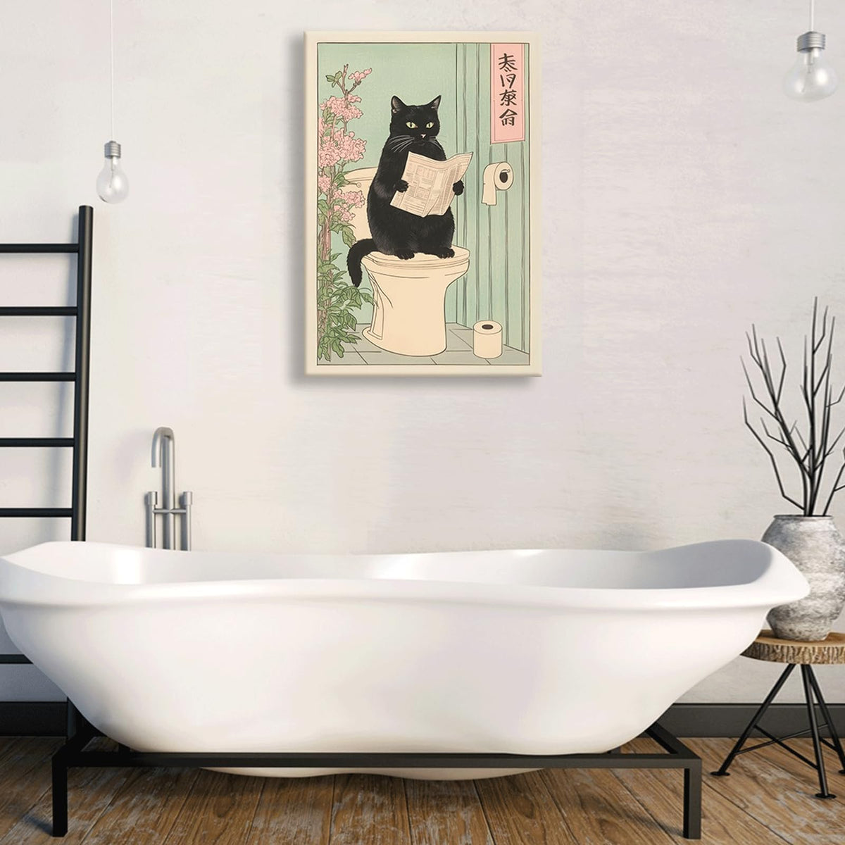 Japanese black cat on toilet Canvas Wall Art Funny bathroom print Toilet poster Japanese Cat Wall Decor Pictures Aesthetic Minimalism Artwork Neutral Painting Home Decoration (Canvas / 36"L x 24"W)