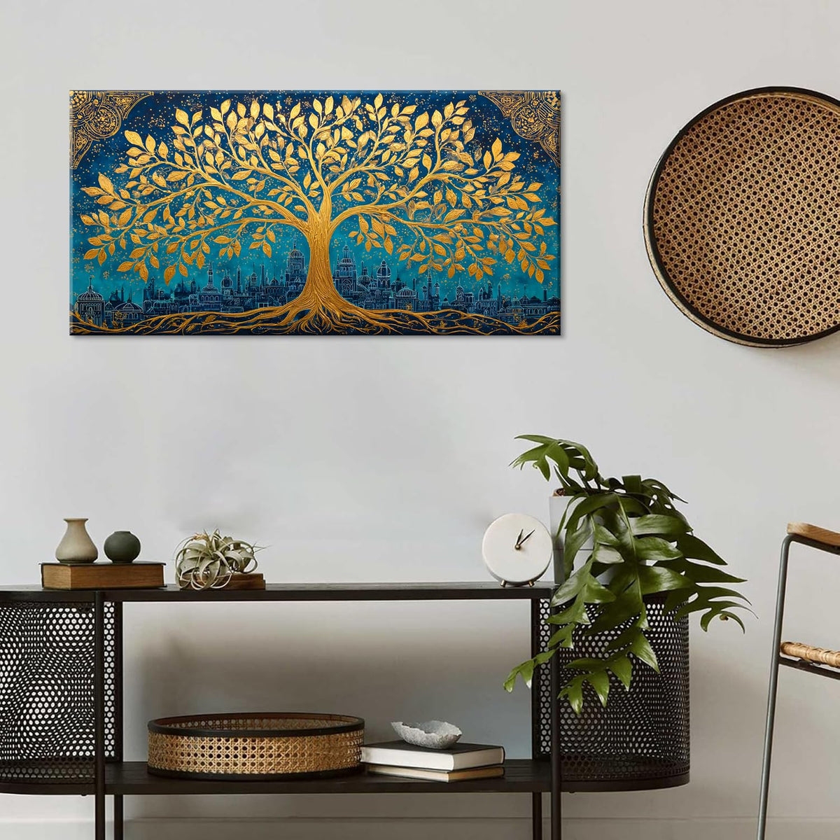 Gold Tree Wall Art for Living Room Office Ethereal Art Ancient City Mystical Landscape Tree of Life Painting Prints Magical Canvas Artwork Dining Bedroom Decor (Abstract / Gold Ethereal Tree of Life Wall Art / 40"L x 20"W)