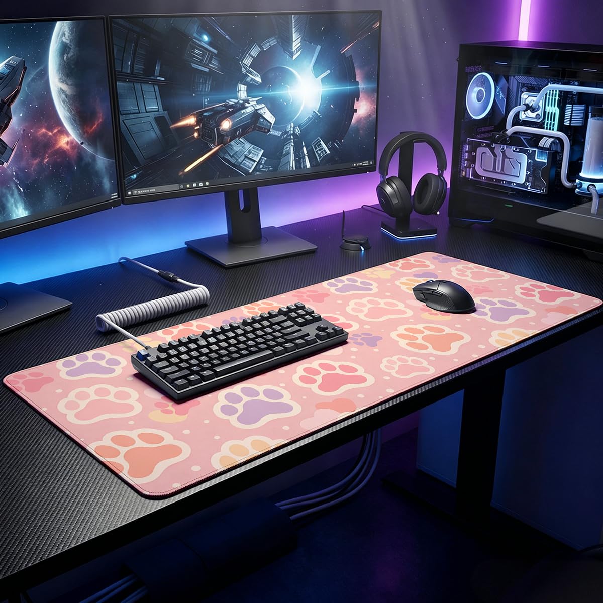 Paw Print Large Gaming Mouse Pad Cute Pet Pink Kawaii Heart Desk Mat (Paw Print / 31.5L x 11.5W inches)